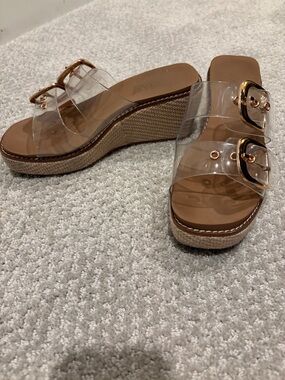 Corkys Clear Double-Band Wedge Sandals with Gold Buckles